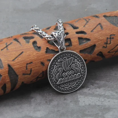 Alternative view of Longship Stainless Steel Viking Dragon Boat Necklace  Compass Amulet Pendant