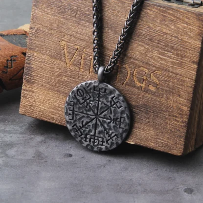 Alternative view of Helm of Awe and Viking Vegvisir Iron Color Viking Rune Pendant Necklace with wooden box