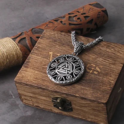 Alternative view of Valknut Viking Stainless Steel Necklace with Odin Rune Pendant Nordic Necklace with Wooden Box