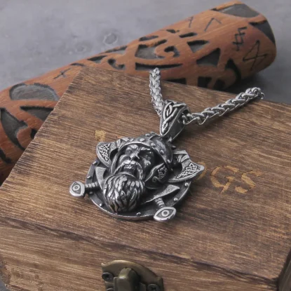Alternative view of Viking Axe Shield Necklace  Stainless Steel Packed in Wooden Box