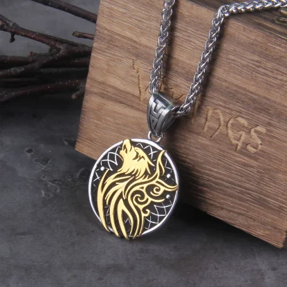 Nordic Viking Stainlesss Steel Yggdrasil Wolf Rune Necklace With wooden box